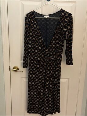 Charter Club Black & Gold Wrap Midi Dress with Chain Pattern